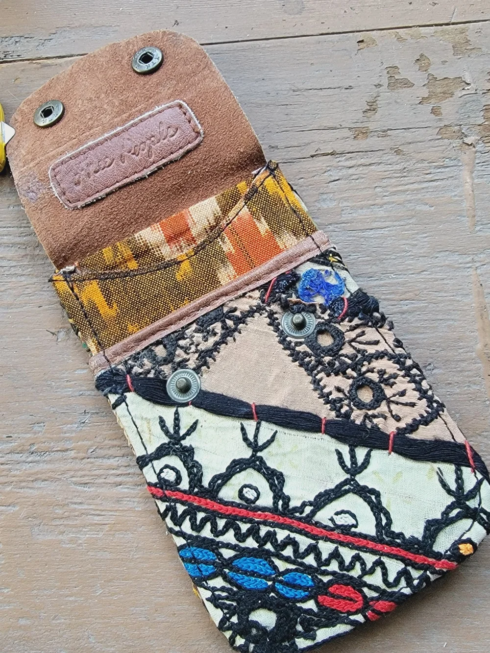 Free People embroidered banjara boho repurposed vtg leather wallet card case